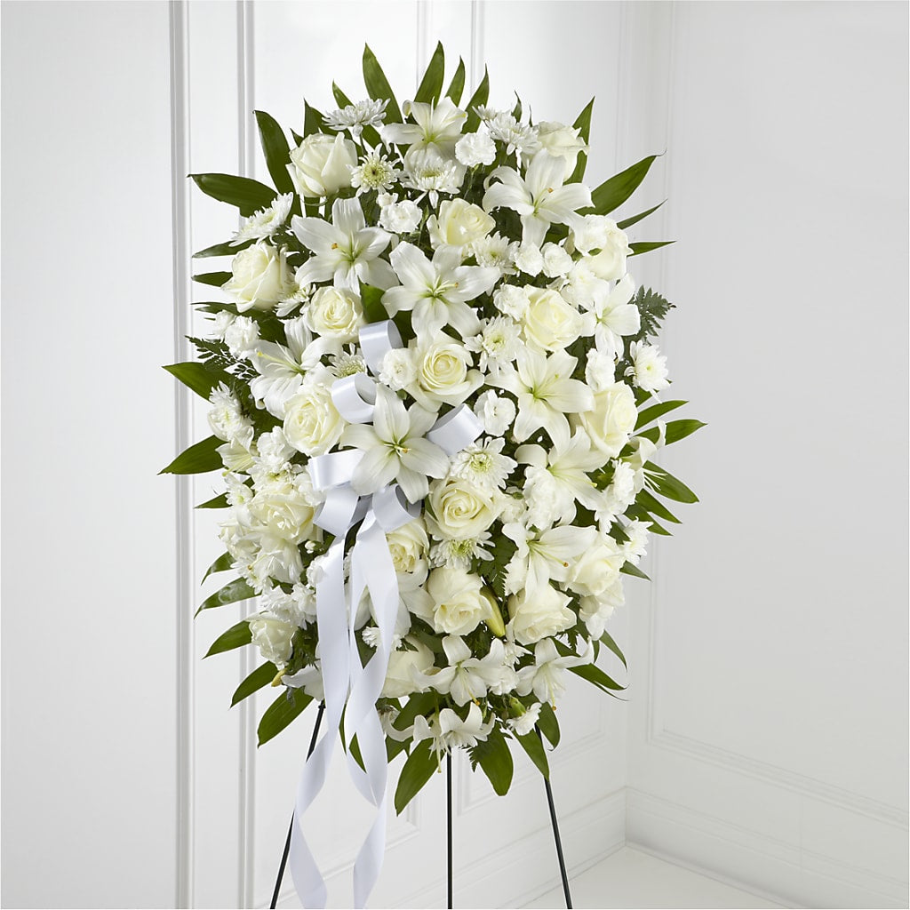 Exquisite Tribute Standing Spray-White Ribbon – Longview Flower Shop, Longview TX