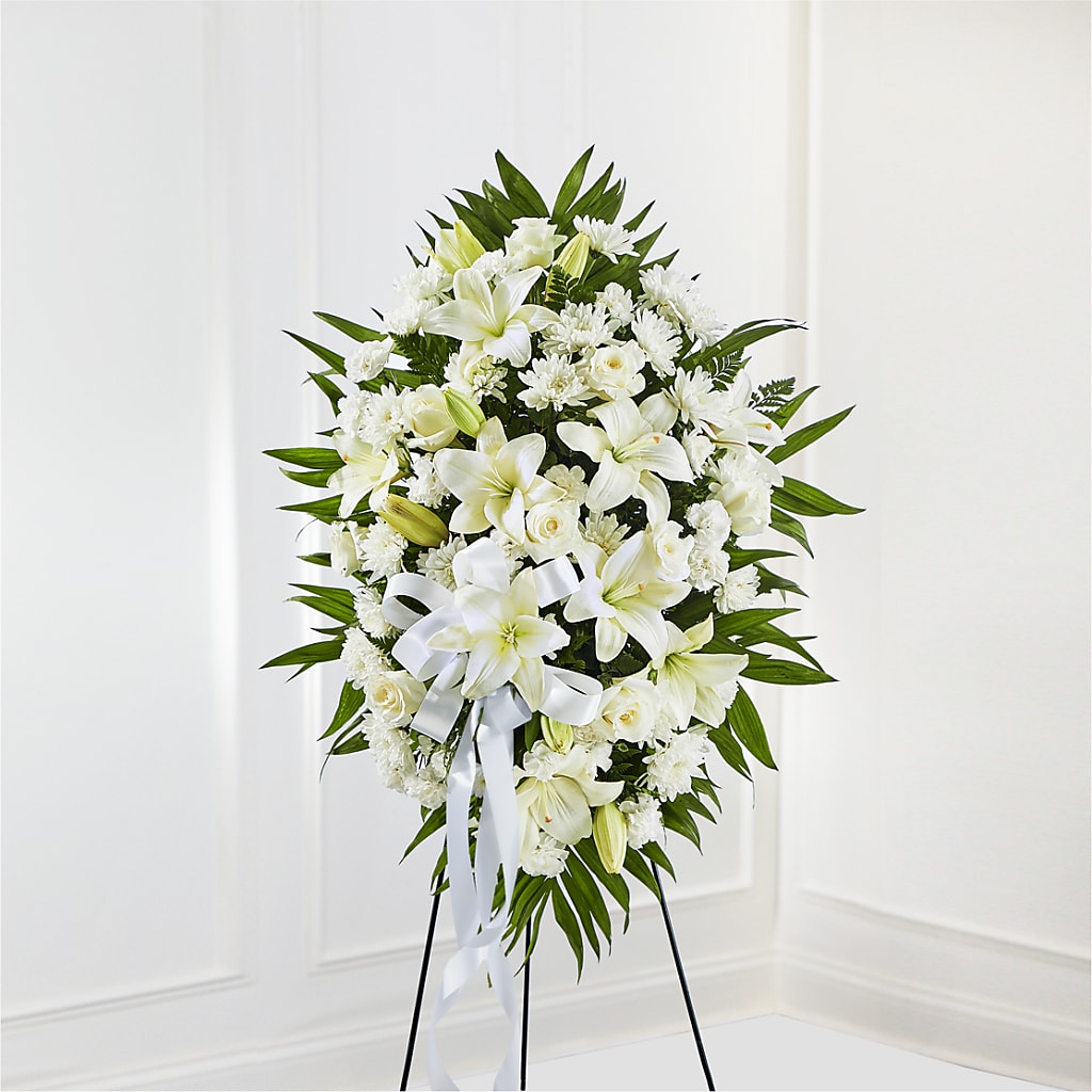 Exquisite Tribute Standing Spray-White Ribbon – Longview Flower Shop, Longview TX